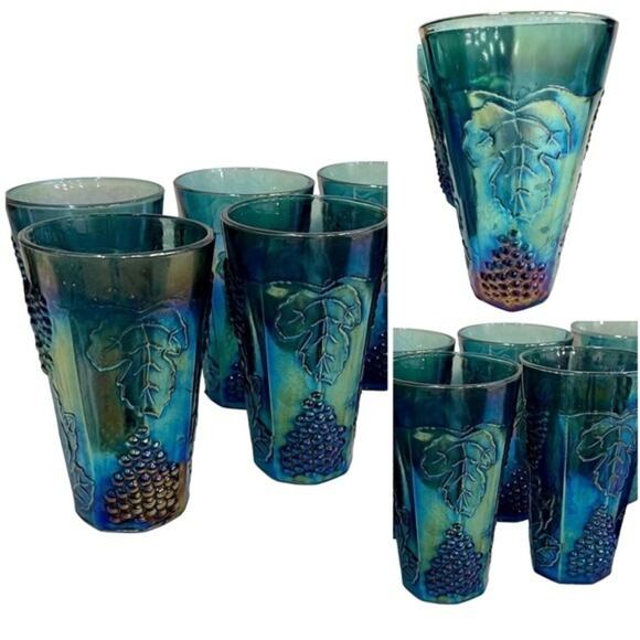 Vintage Indiana Glass Harvest Grape Blue Carnival Glass Tumbler Cups Set of 4